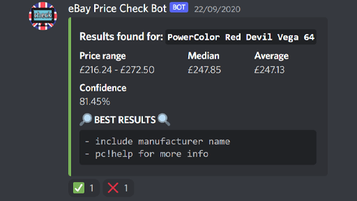 An image showing the response from the Discord bot where an appropriate price range is predicted as well as the confidence in that result.