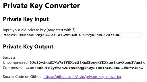 An image showing the output of private key in uncompressed and compressed Wallet Import Formats.